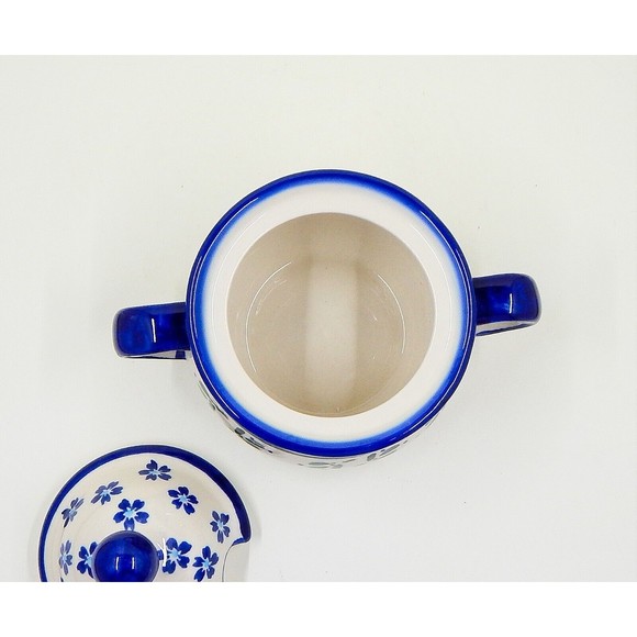 Zaklady Polish Pottery Lidded Sugar Bowl Daisy Field Aqua Floral Ivy Leaves - Picture 7 of 11